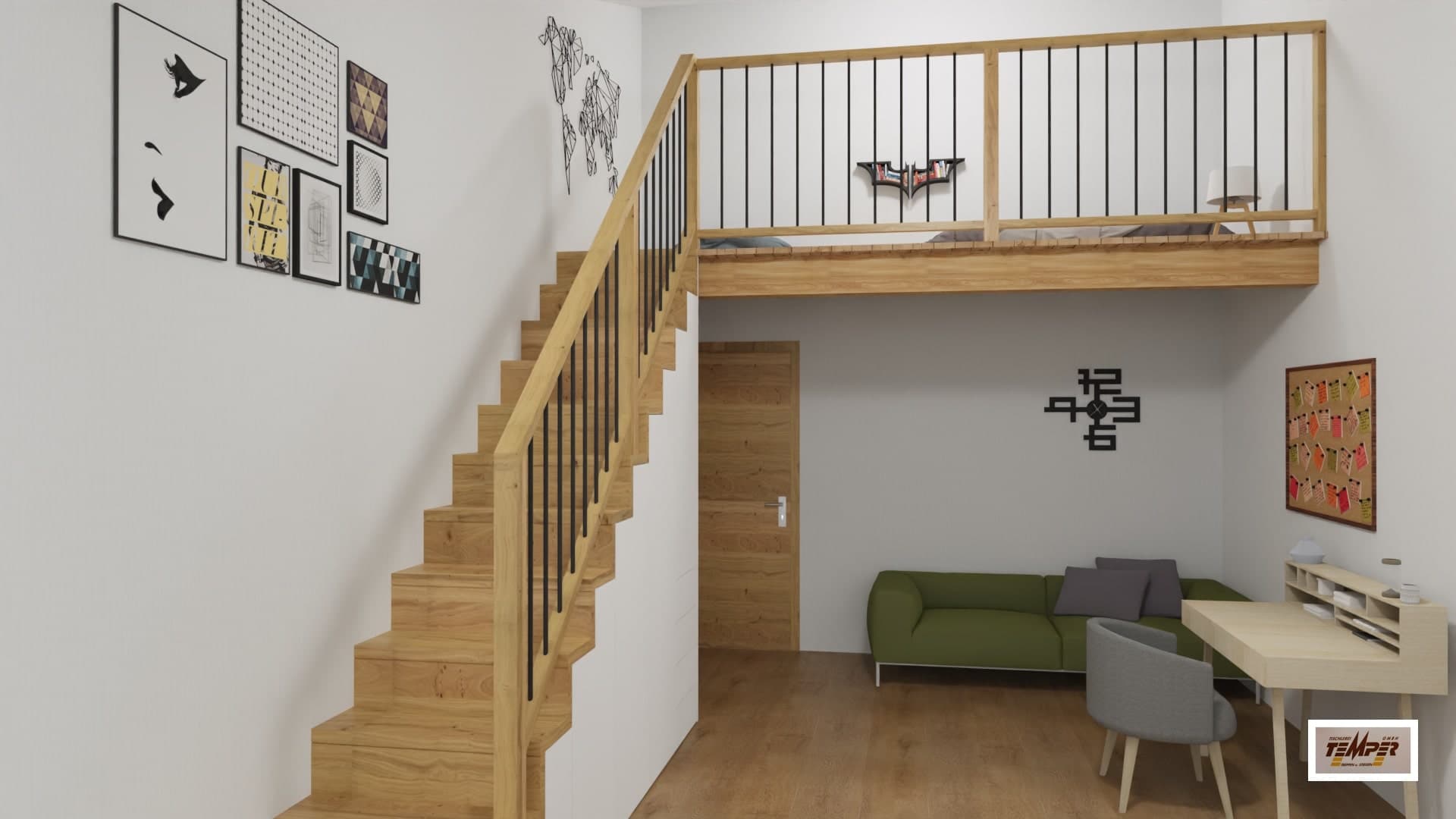 Holztreppe mit schwarzem Stabgeländer - Bild 1