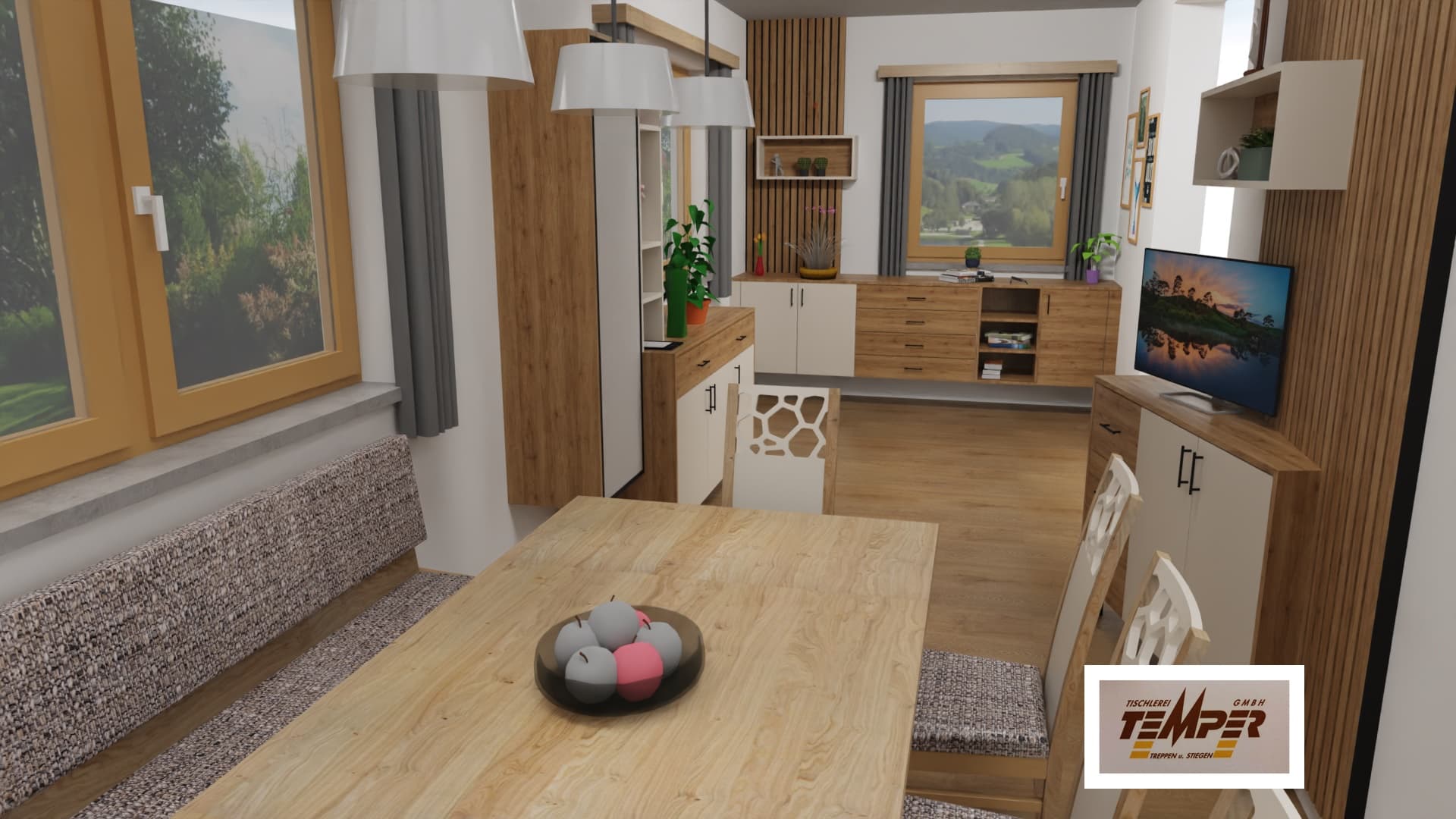 Esszimmermöbel mit Holzlamellen und Hängeschränken - Bild 1