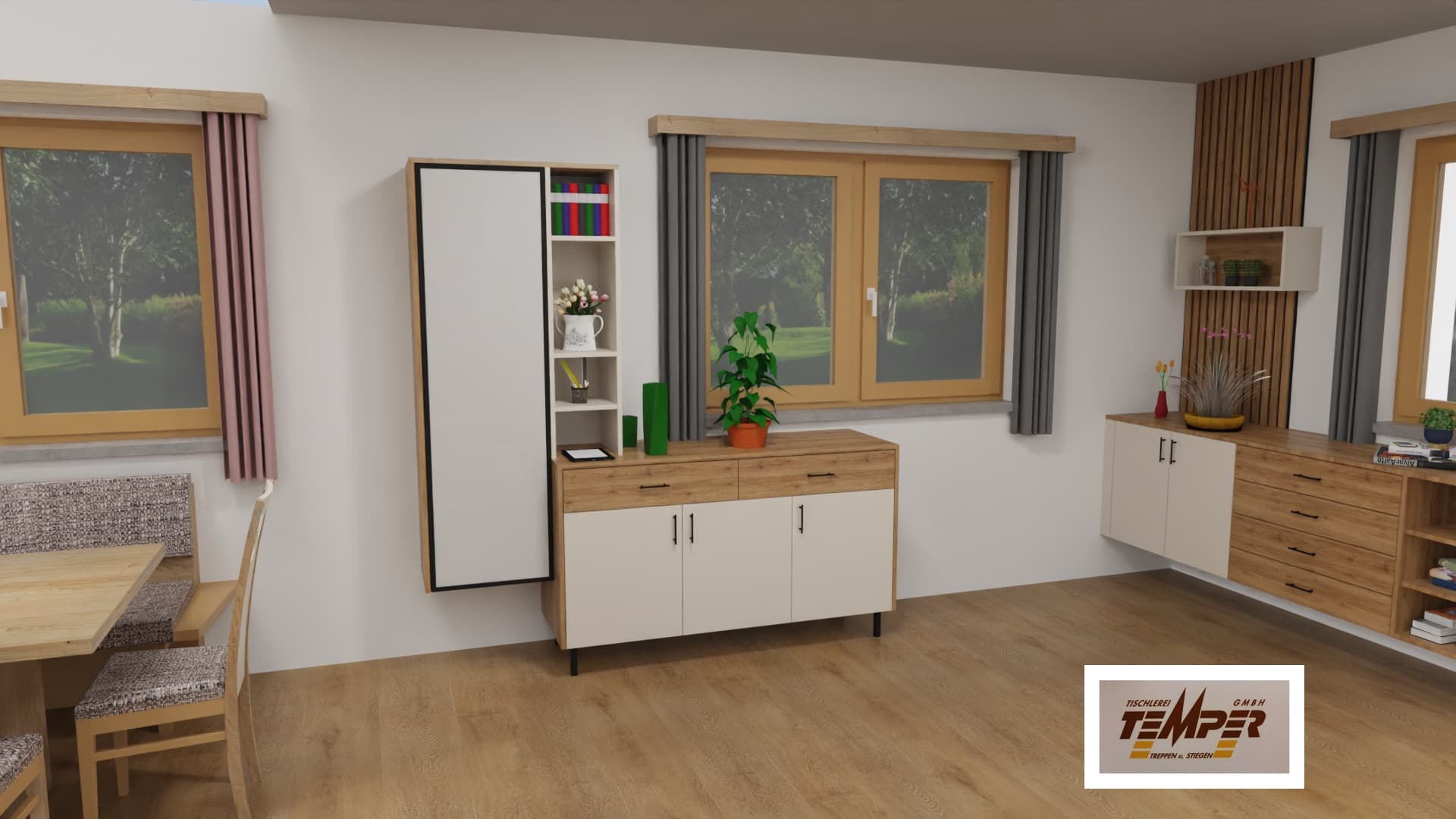 Esszimmermöbel mit Holzlamellen und Hängeschränken - Bild 3