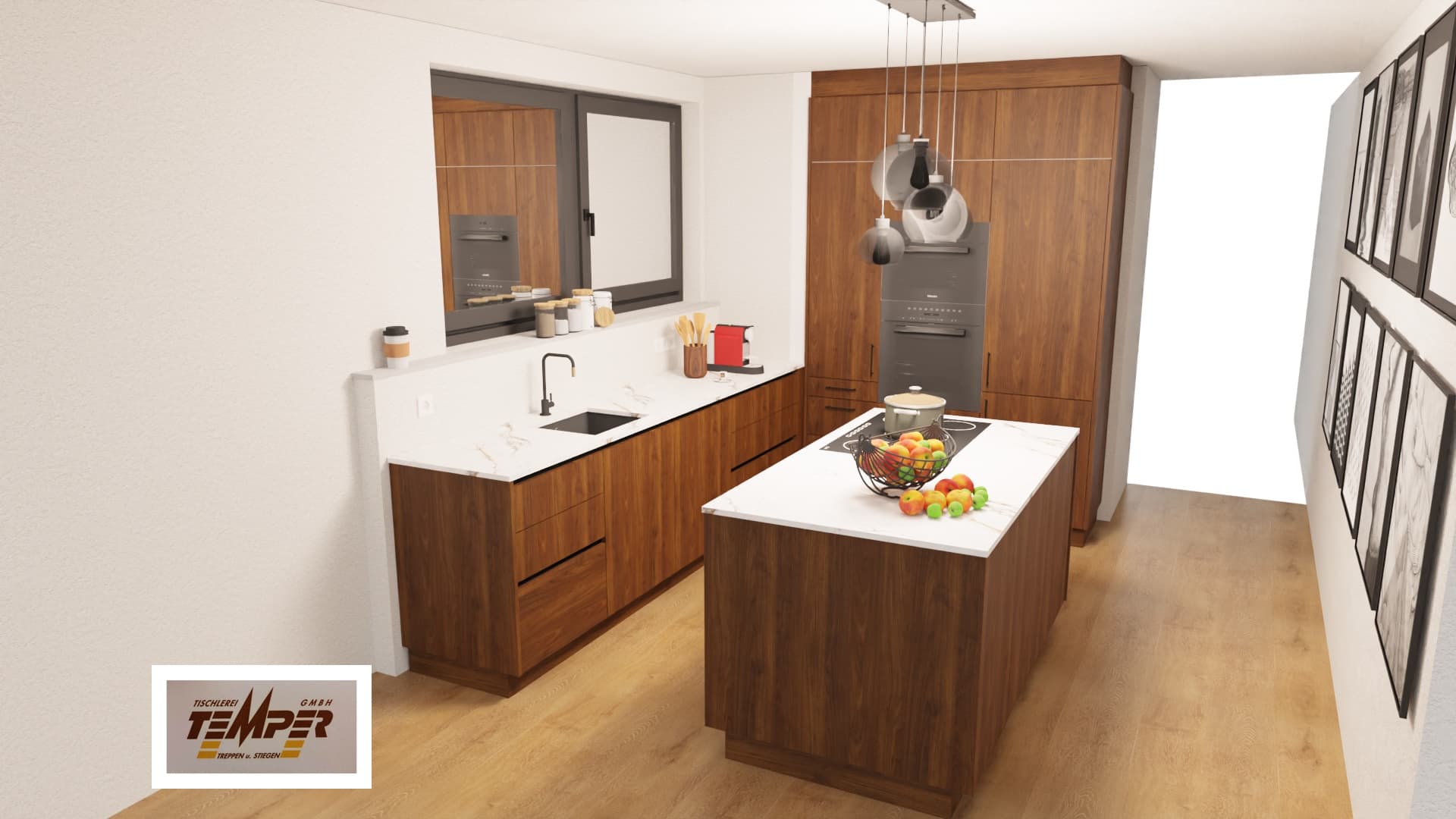 Moderne Walnussküche mit Kochinsel und Natursteinplatte - Bild 1