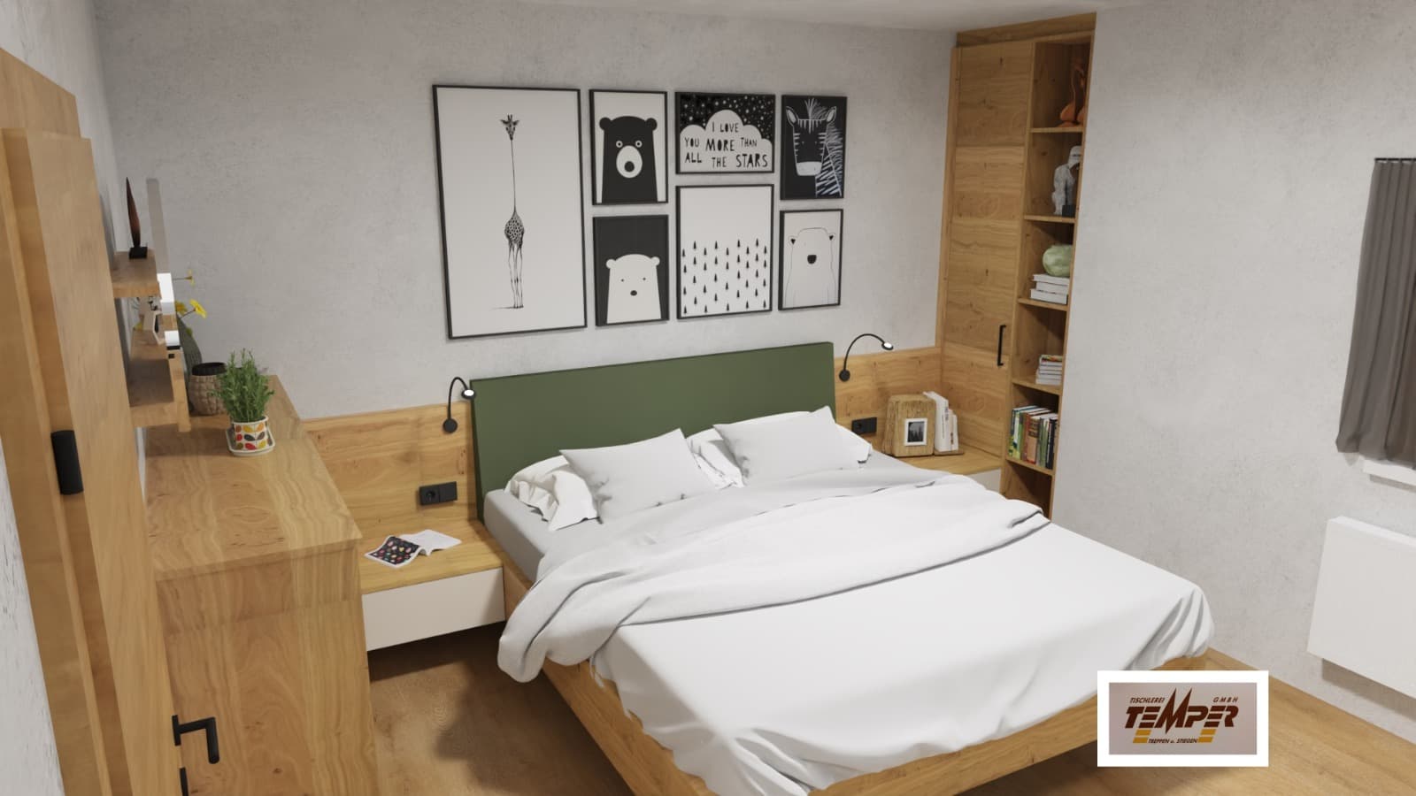 Schlafzimmer in Eiche mit grünem Bettkopfteil - Bild 1