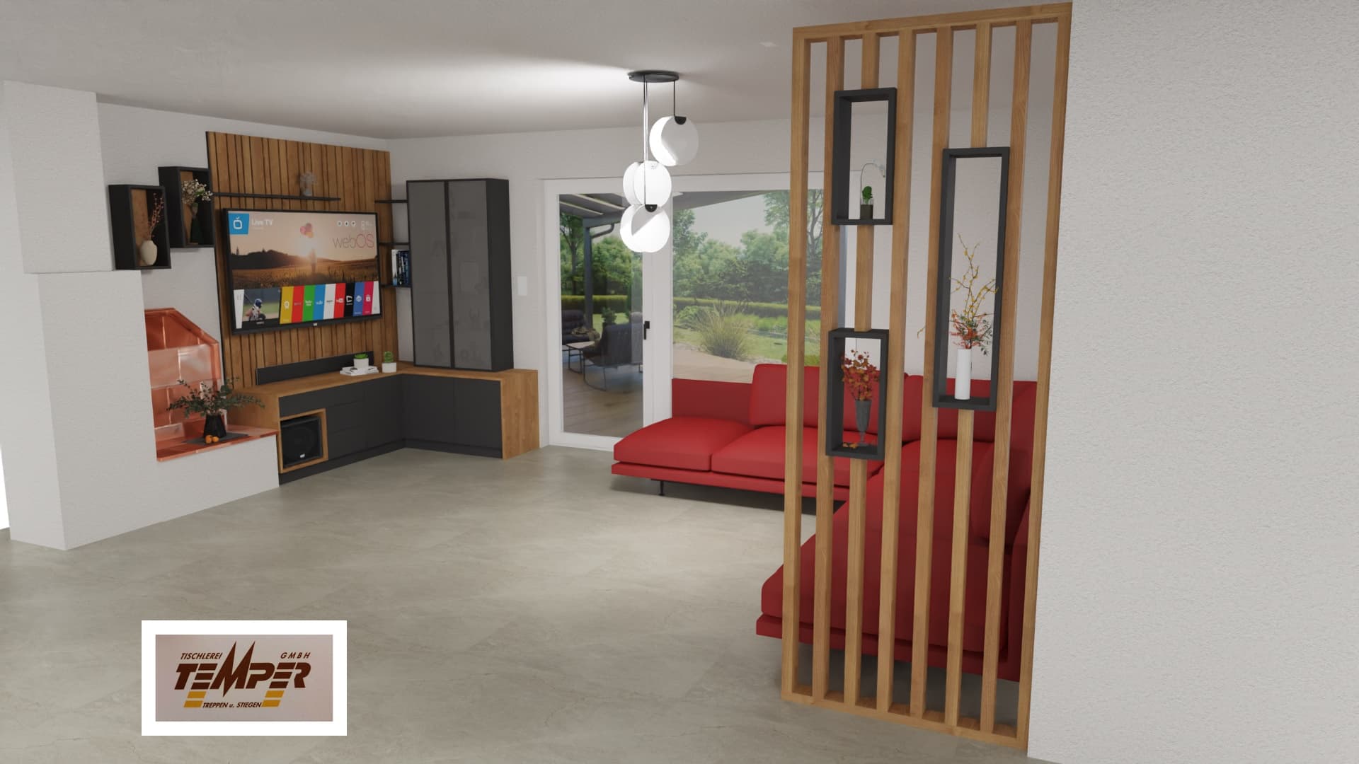 Wohnwand mit Raumteiler und Anthrazit-Holz-Elementen - Bild 1