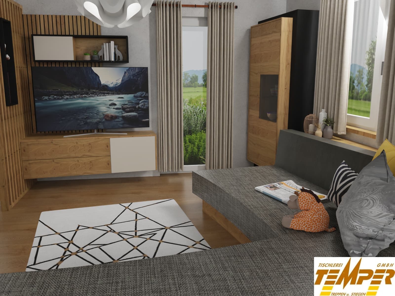 Wohnzimmer Einrichtung mit Holzlamellen und Regalwand - Bild 2