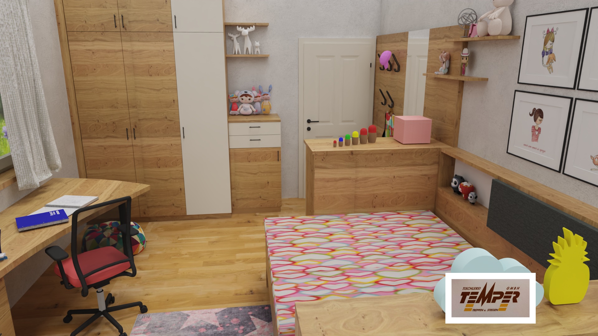 Kinderzimmer Mädchen mit Raumteiler und Spielbereich